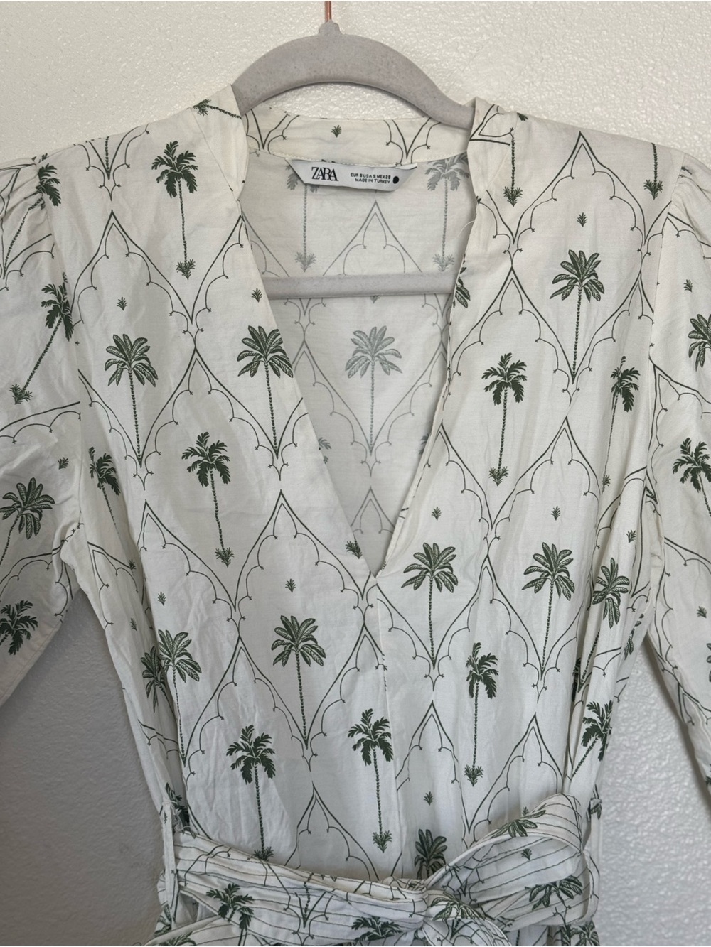 Zara Puff Sleeve Palm Tree Printed Mini Dress White Green Small - Picture 4 of 9